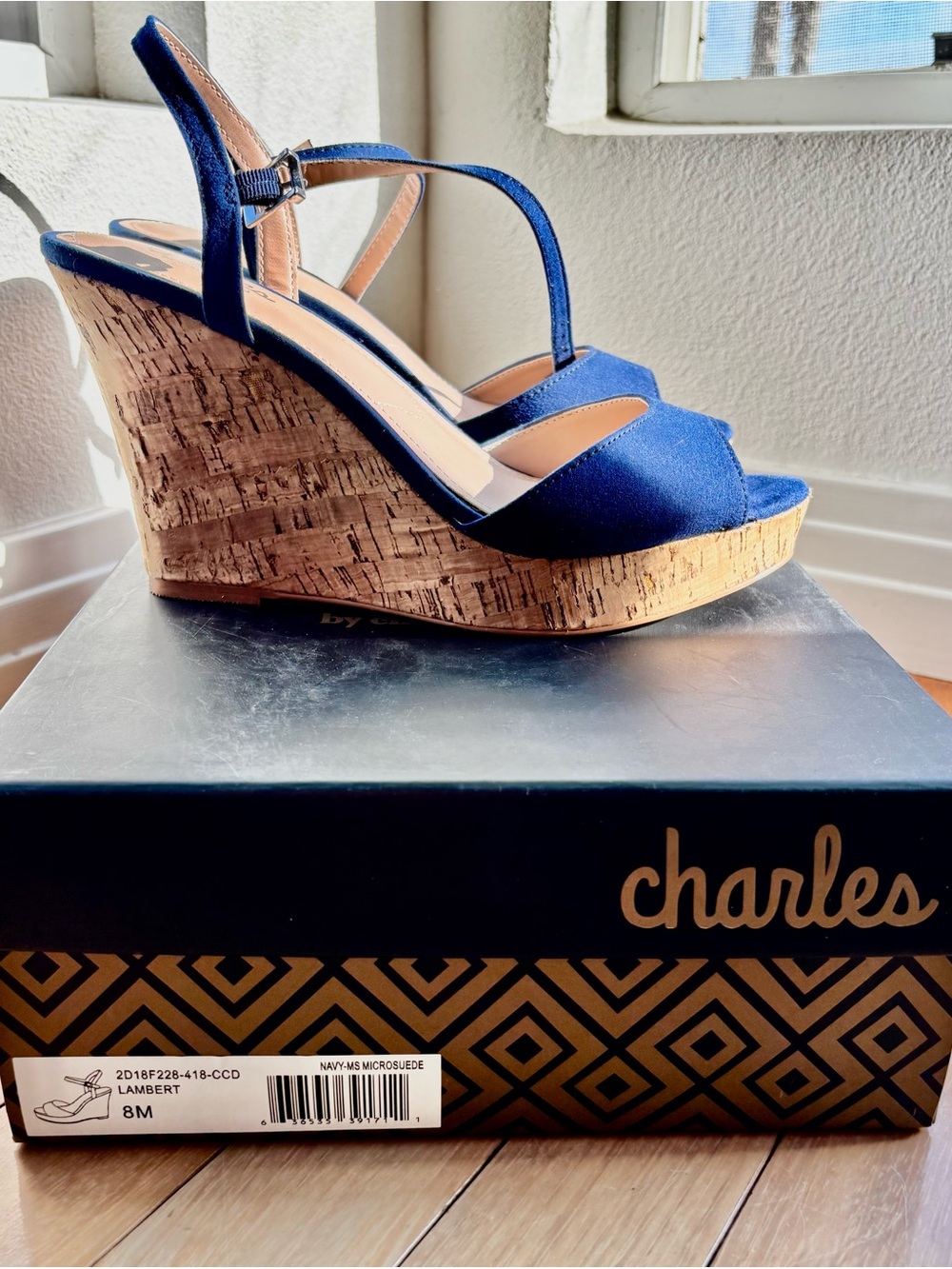 Charles By Charles David Navy Cork Wedge Ankle Strap Sandals
